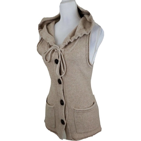 BANANA REPUBLIC ~Woman Size XS~ Beige Knit Wool Blend Button-Up Vest Hooded Top. - Picture 8 of 12
